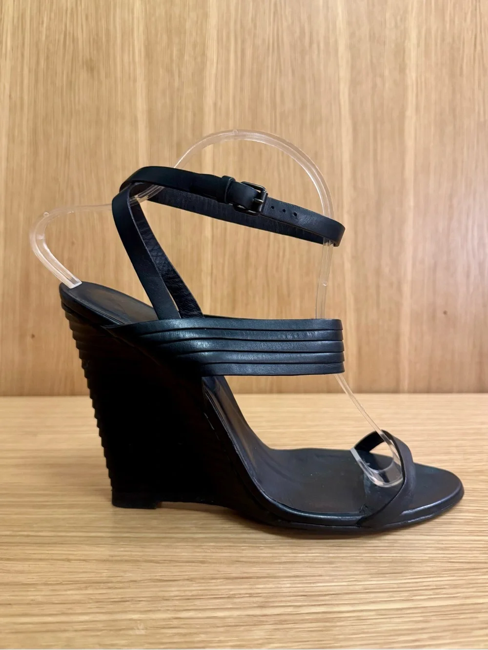 Bottega Veneta Black Leather Wrap-Around Wedge Sandals